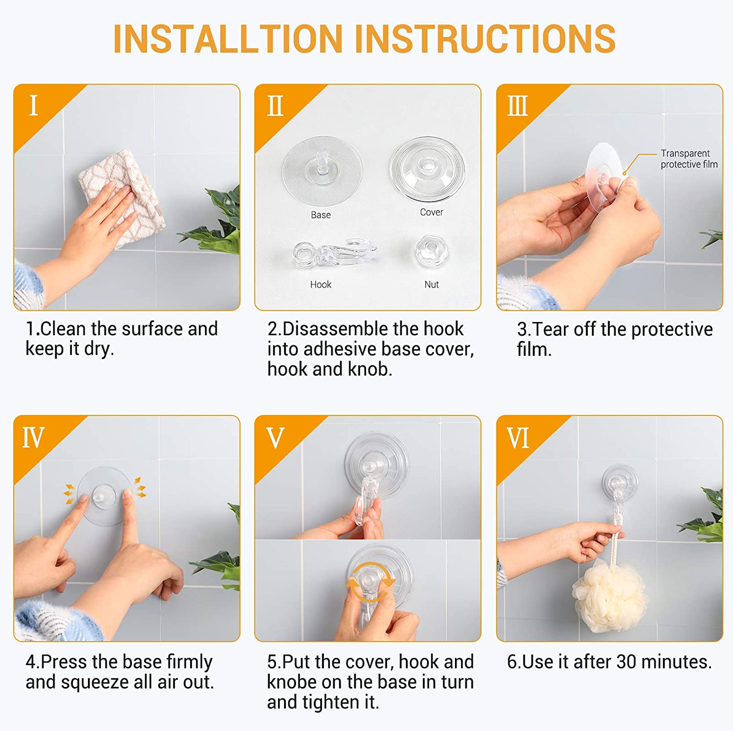 Quntis Adhesive Hooks Wreath Suction Hanger Heavy Duty Wall Hooks Waterproof Adhesive Suction Cup Hooks for Hanging Kitchen, Bathroom, Christmas Wreath, Shower - 6 Packs Clear