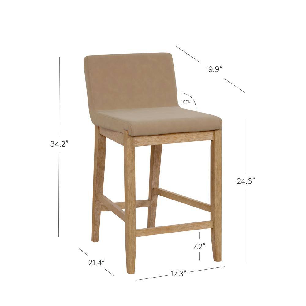 Nathan James Gracie 34 in. Light Brown Wood Modern Counter Height Bar Stool with Back Faux Leather Seat and Brushed Legs Set of 4 24303-4