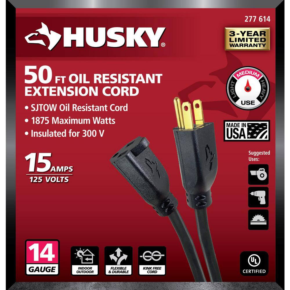 Husky 50 ft. 143 Medium Duty IndoorOutdoor Oil Resistant Extension Cord Black 57050BLKHY