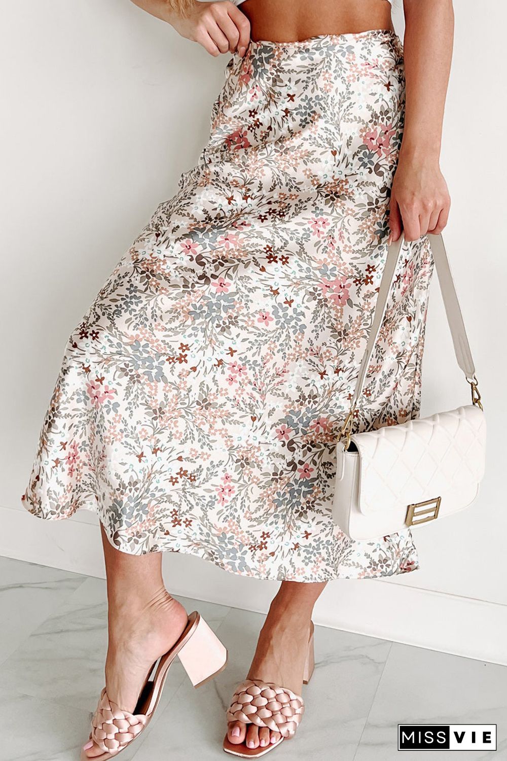 Beige Floral High Waist A-Line Skirt