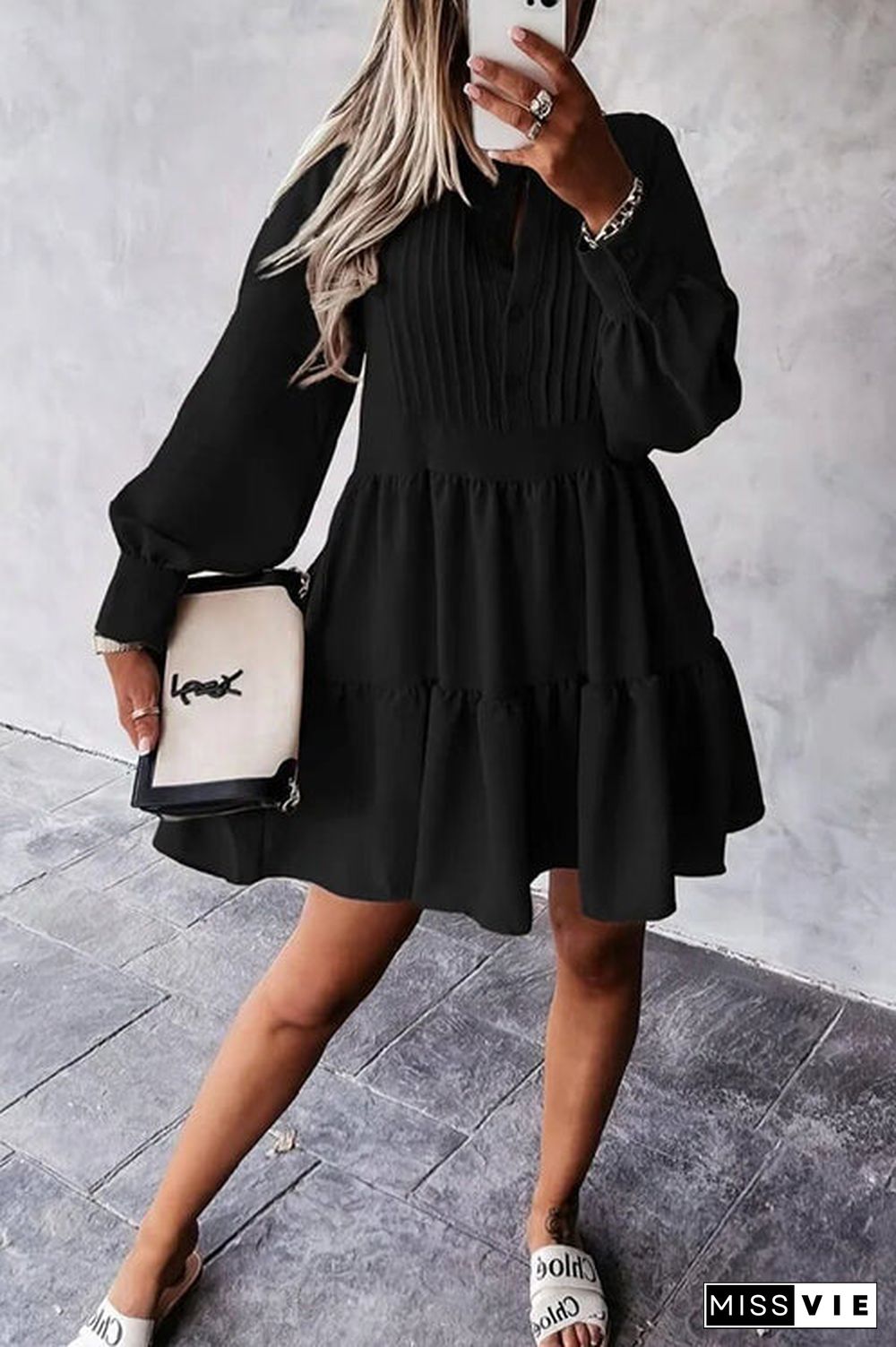 Button Layered Long Sleeve Mini Dress