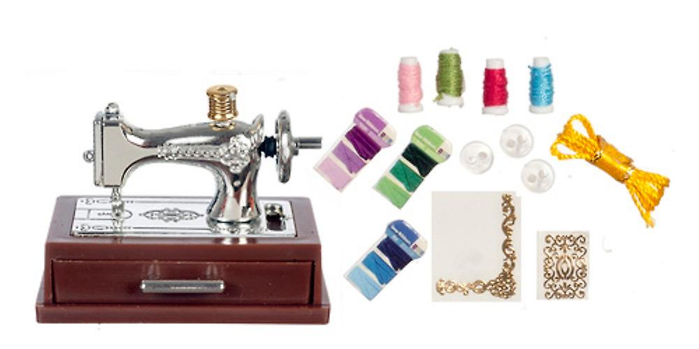 Dolls House Silver Sewing Machine Mounted With Drawer andamp; Accessory Set