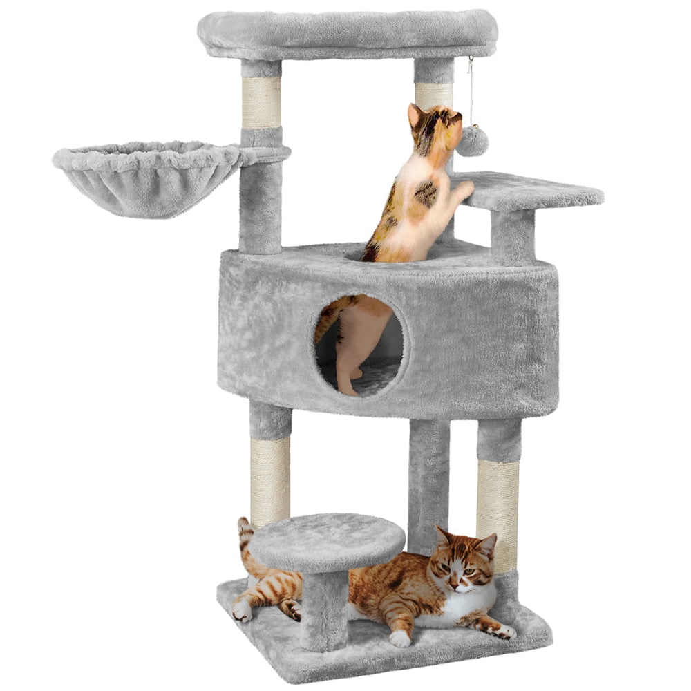 Easyfashion Multilevel Plush Cat Tree Indoor Activity Tower with Basket Condo for Kittens， Light Gray