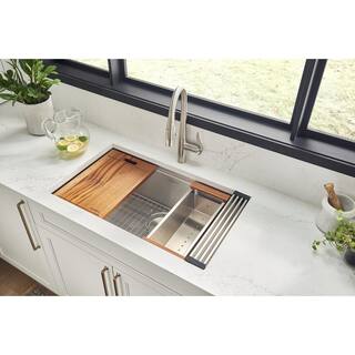 Ruvati 32 in. Single Bowl Undermount 16-Gauge Stainless Steel Ledge Kitchen Sink with Sliding Accessories RVH8300