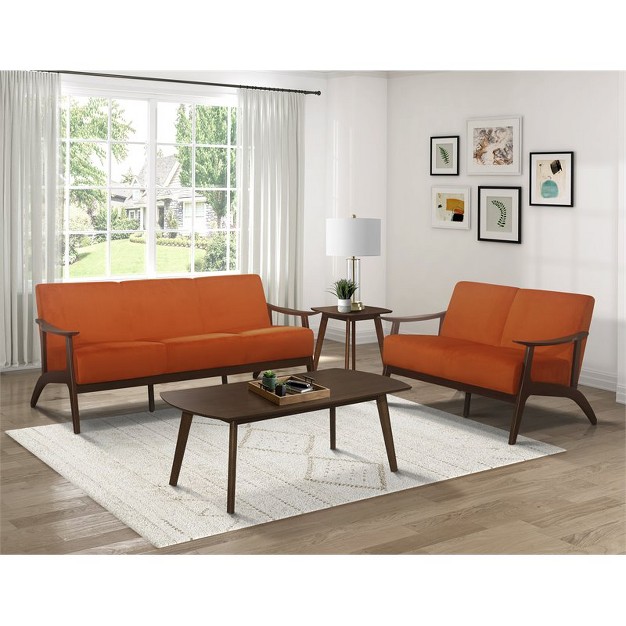 Carlson Velvet Upholstered Loveseat In Orange And Dark Walnut Lexicon