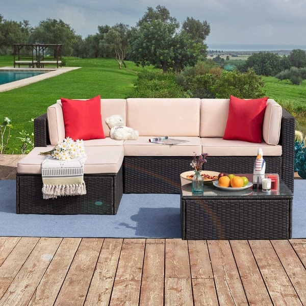 Furniwell 5 Pieces Patio Sectional Sofa Sets Rattan Conversation Sets