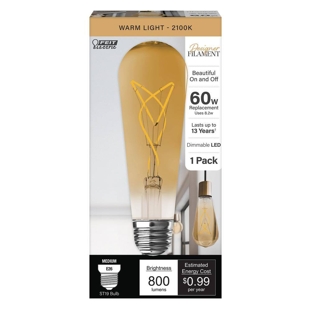 Feit Electric 60-Watt Equivalent ST19 Dimmable Knot Thin Filament Amber Glass E26 Vintage Edison LED Light Bulb Warm White 2100K ST1960S3821FILHDRP