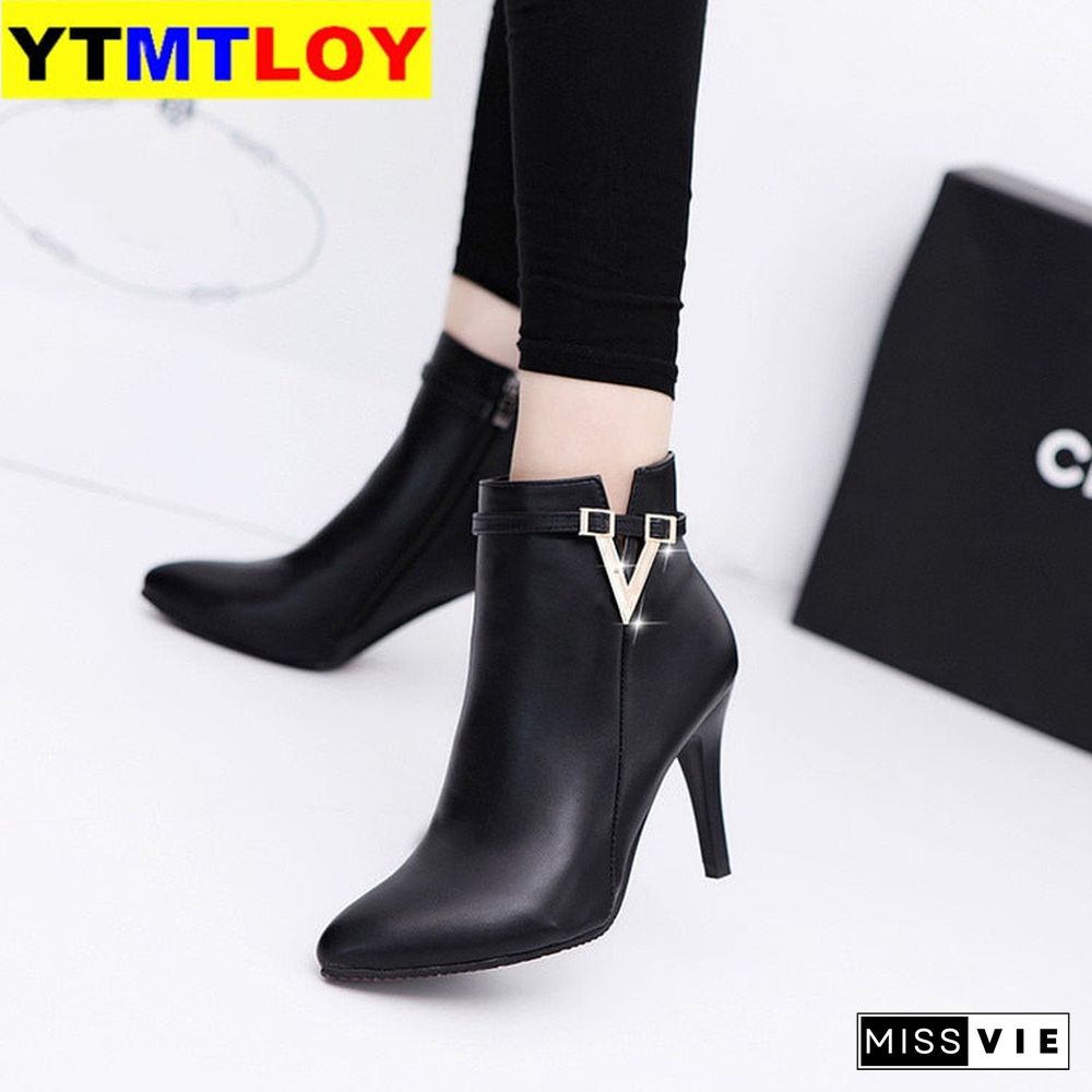 New Women Boots Ankle Pu Leather Zipper Booties High Heels Autumn Shoes Black Winter Boots Zapatos De Mujer  Pointed Toe