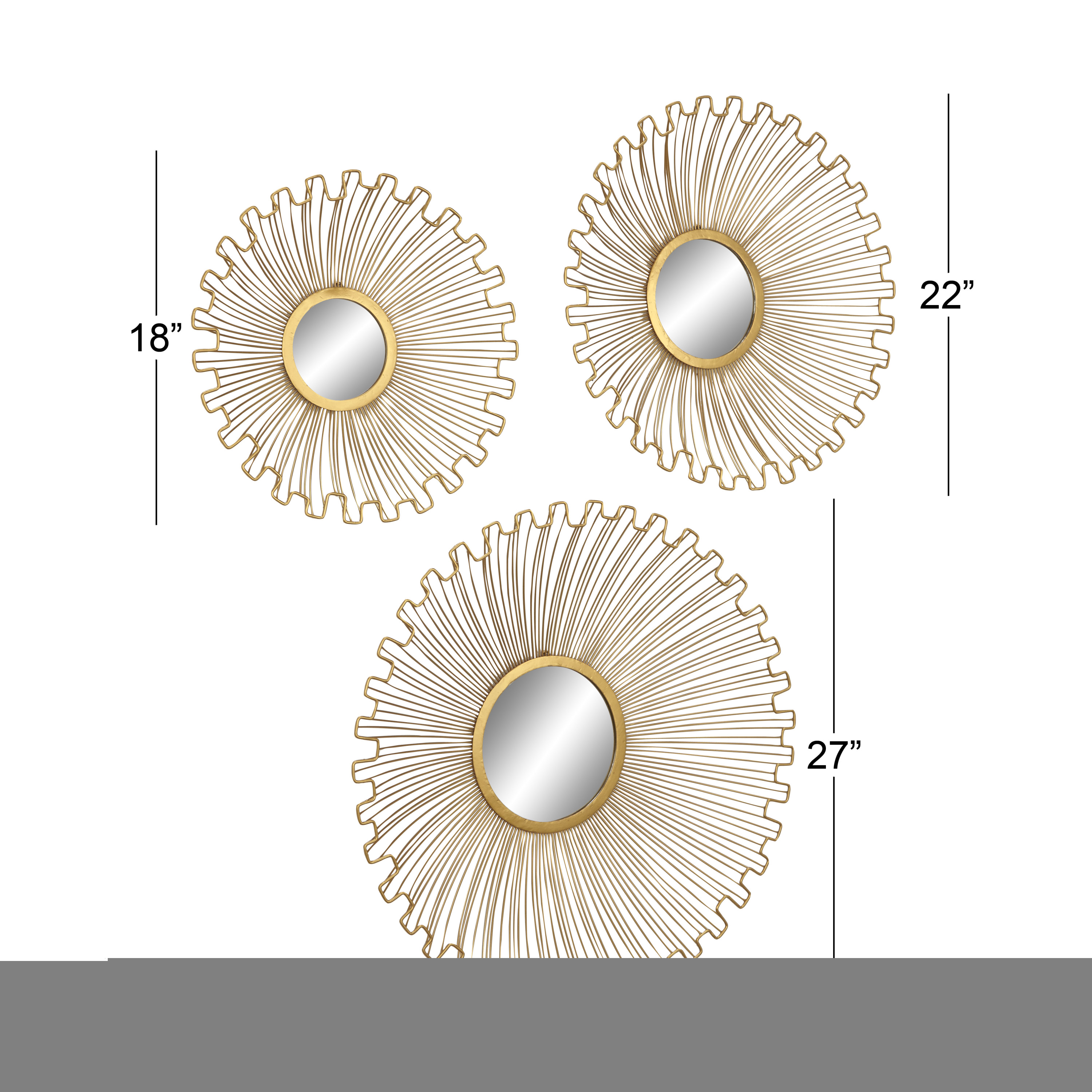 DecMode Gold Metal Sunburst Wall Decor with Mirror Accent (3 Count)  Crowdfused