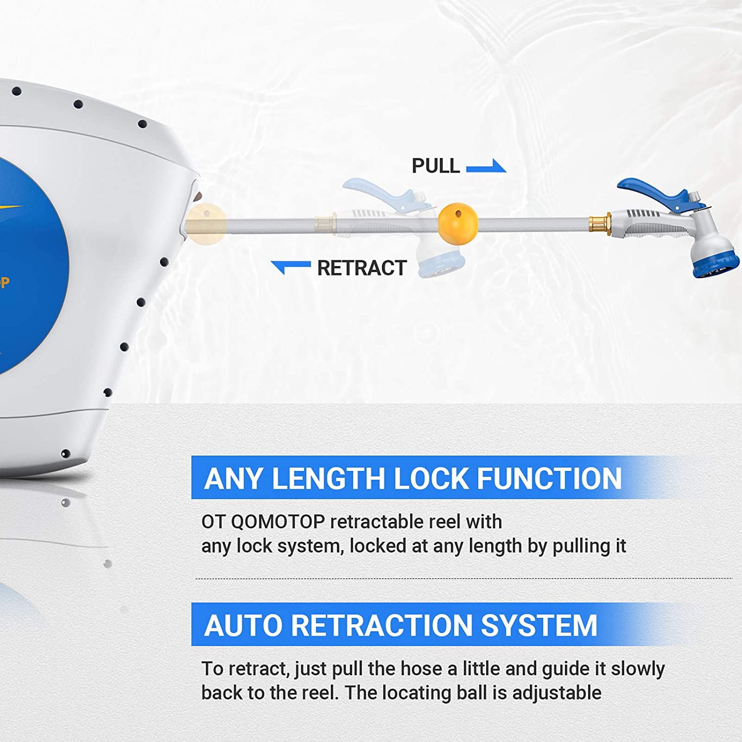 QOMOTOP Retractable Garden Hose Reel ，1/2”x100+6.7FT Auto Rewind，8 Pattern Hose Nozzle water hose reel