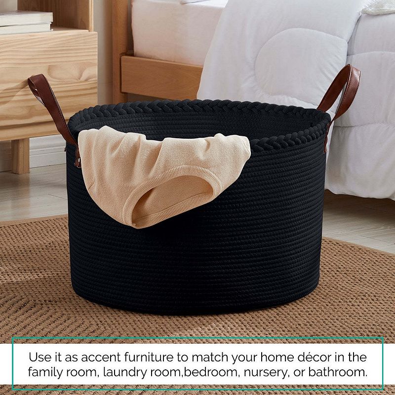 Extra Large Round Cotton Rope Storage Basket Laundry Hamper with Leather Handles