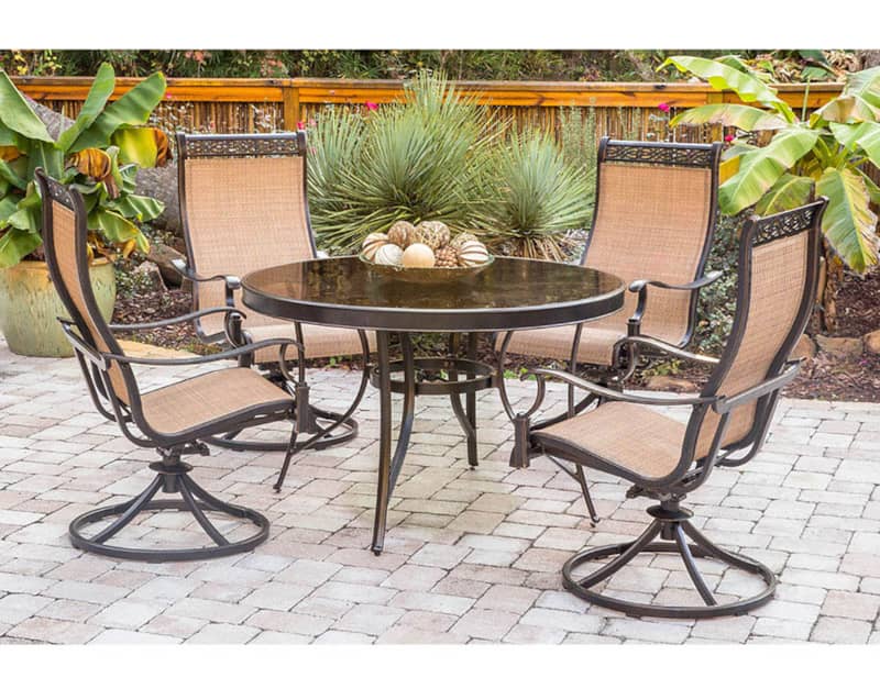 Hanover Monaco 5-Piece Outdoor Dining Set In Tan/Bronze With 4 Sling Swivel Rockers， 48 Glass-Top Round Table