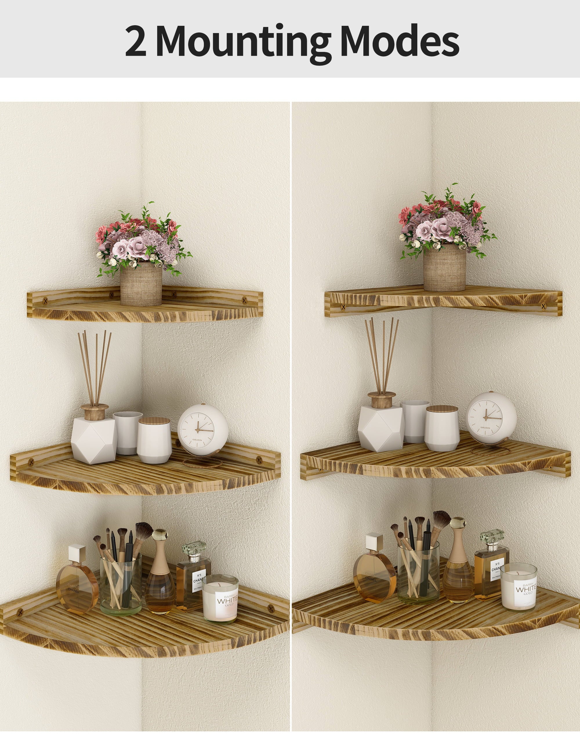 Afuly Floating Corner Shelves for Wall, Rustic Solid Brown Wood Wall Mounted Corner Shelf, 3psc