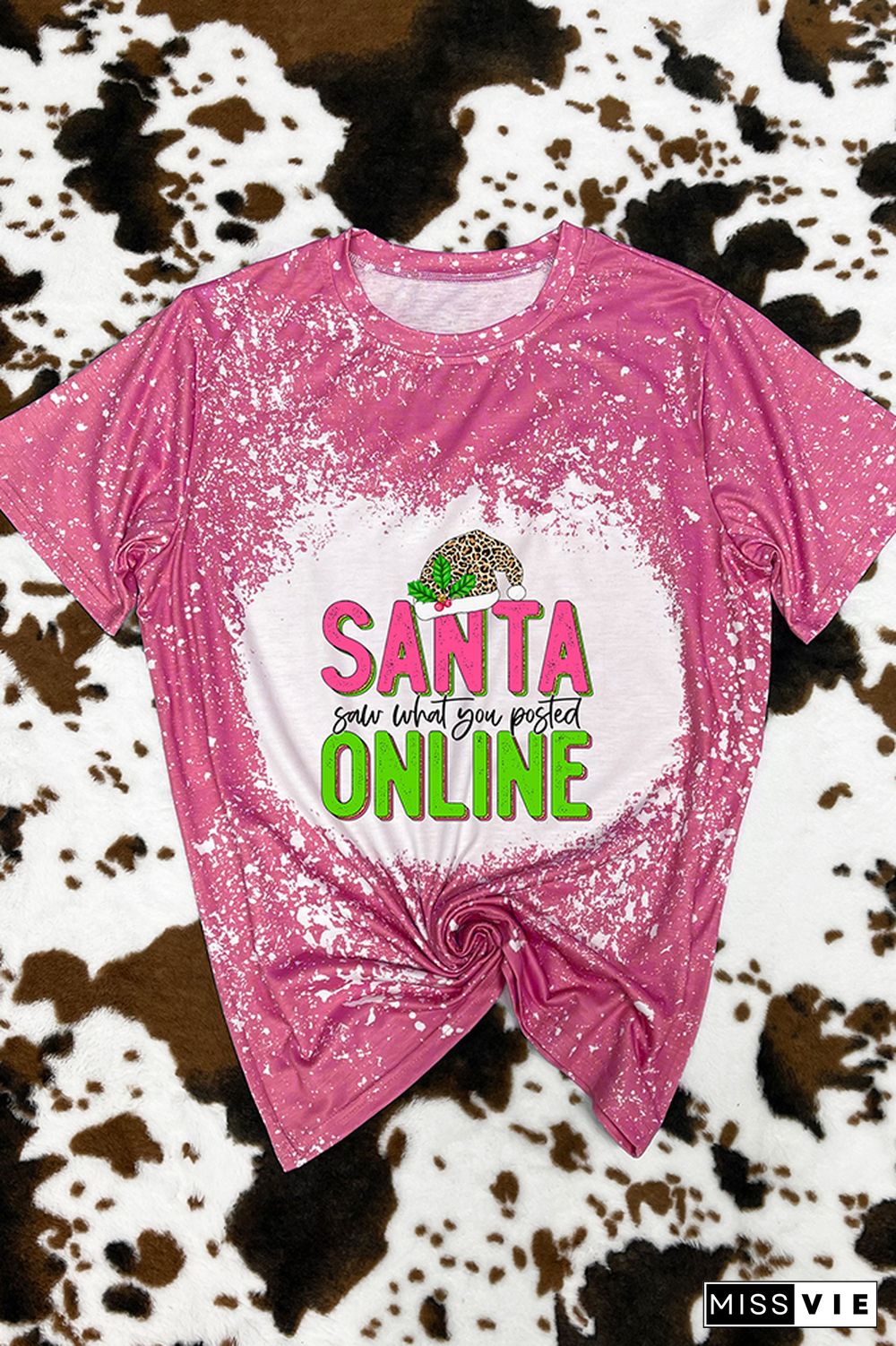 Santa Saw What You Posted Pink Leopard Christmas Graphic Tee Wholesale