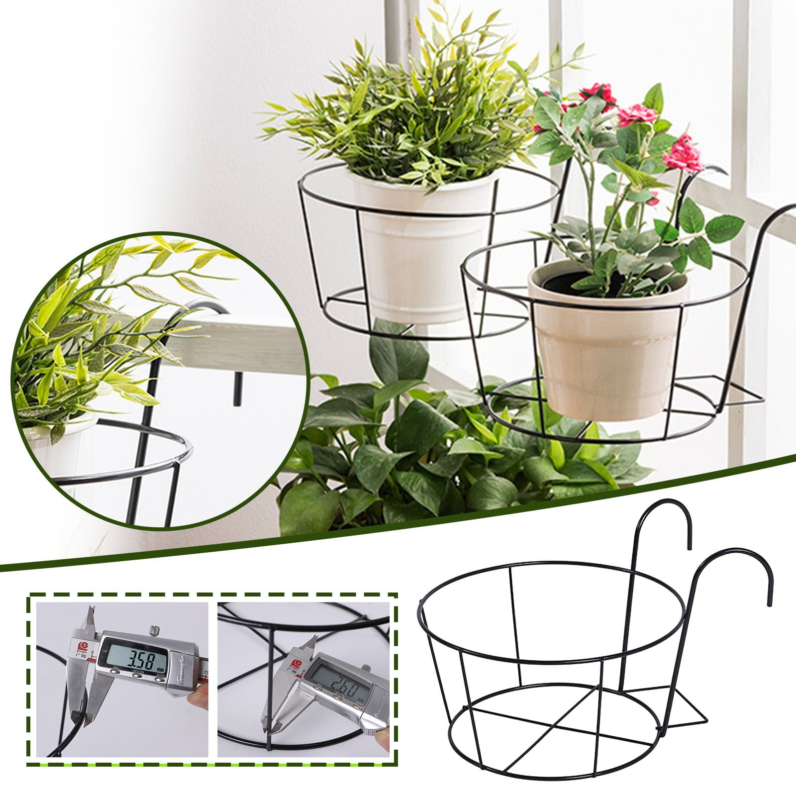 Fridja Hanging Railing Planters Flower Pot Holders Plant Iron Racks Fence Metal Potted Stand Mounted Balcony Round Plant Baskets Shelf Container Box