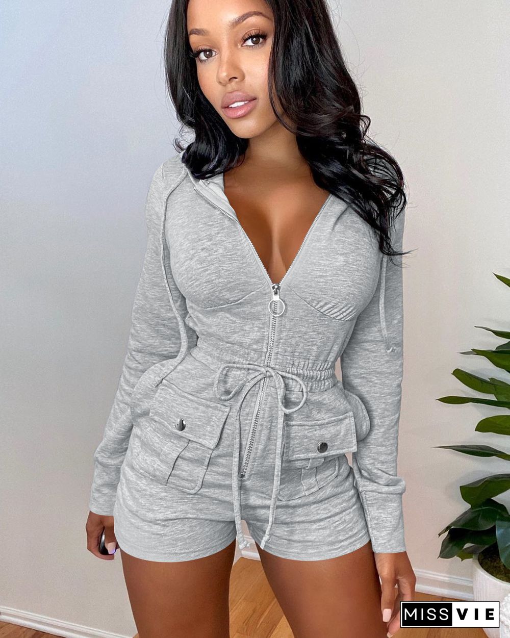 Solid Color Zipper Long Sleeve Collect Waist Hooded Romper