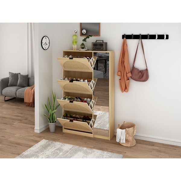 Natural Rattan Shoe Cabinet with 4 Tier Shoe Rack Storage Cabinet Wood 4 Door Free Standing Shoe Rack