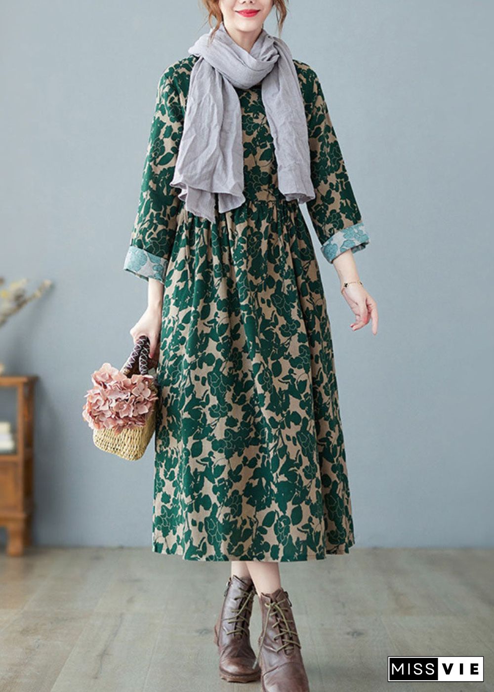 Vintage Green O-Neck Print Linen Dress Spring