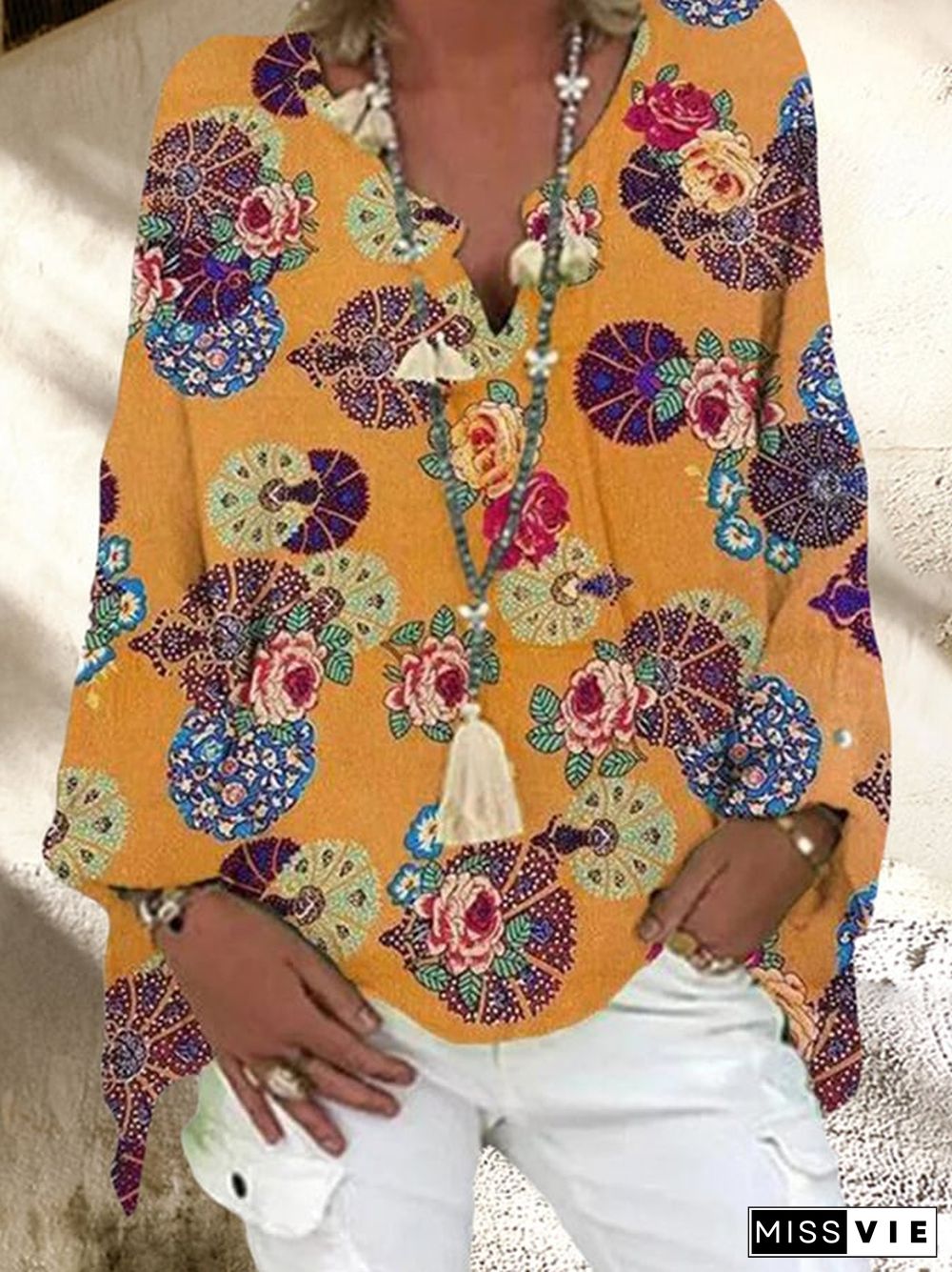 Women's Geometric Printed Long Sleeve V-neck Casual shirt