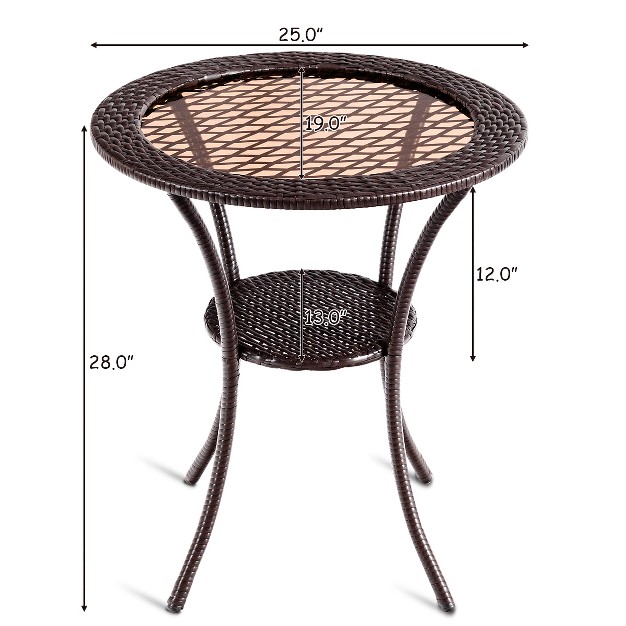 Tangkula Outdoor Round Rattan Wicker Coffee Table Steel Frame Glass Top