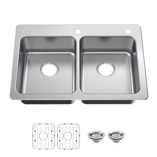 Glacier Bay Bratten Drop-InUndermount 18G Stainless Steel 33 in. 2-Hole 5050 Double Bowl Kitchen Sink with Accessories VT3322TA0ACC