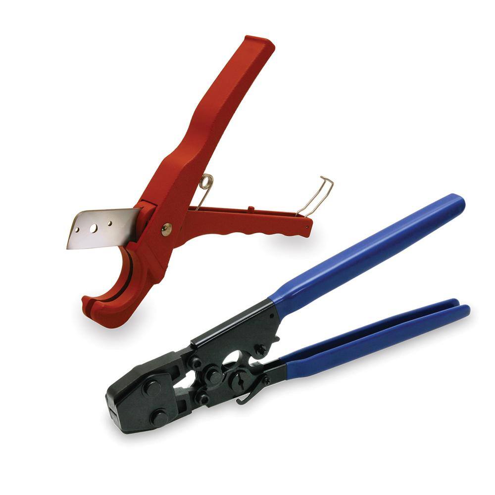 The Plumber's Choice 12 in. x 100 ft. PEX Tubing Plumbing Kit - Crimper and Cutter Tools Tubing Elbow in. Half Clamp - 1 Red 1 Blue KPRB12100N