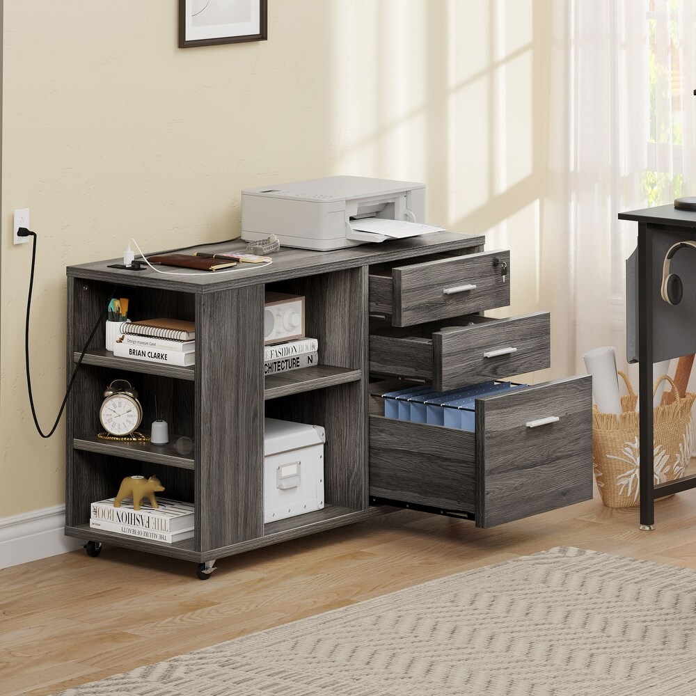 Wood File Cabinet with Charging Station Mobile Lateral Filing Cabinet Lockable Fits A4 Letter Legal Size Files