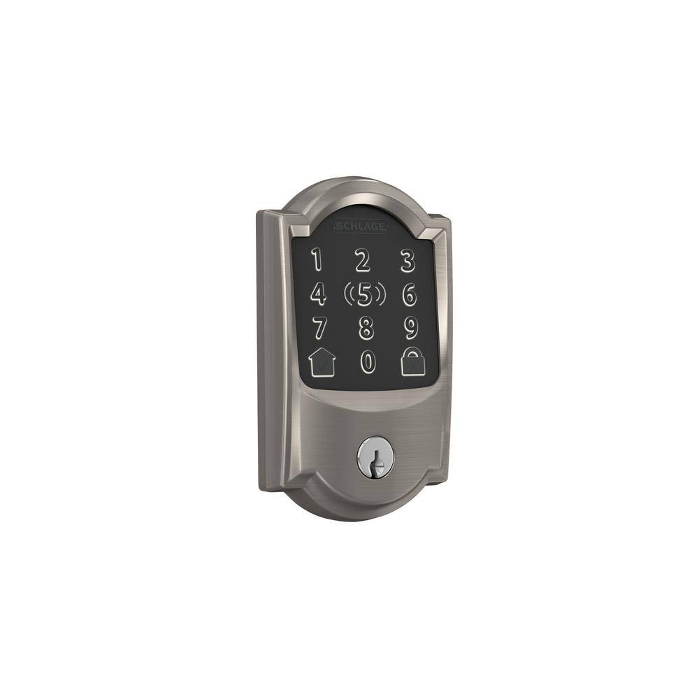 Schlage Camelot Satin Nickel Electronic Encode Plus Smart WiFi Deadbolt with Alarm BE499WB CAM 619