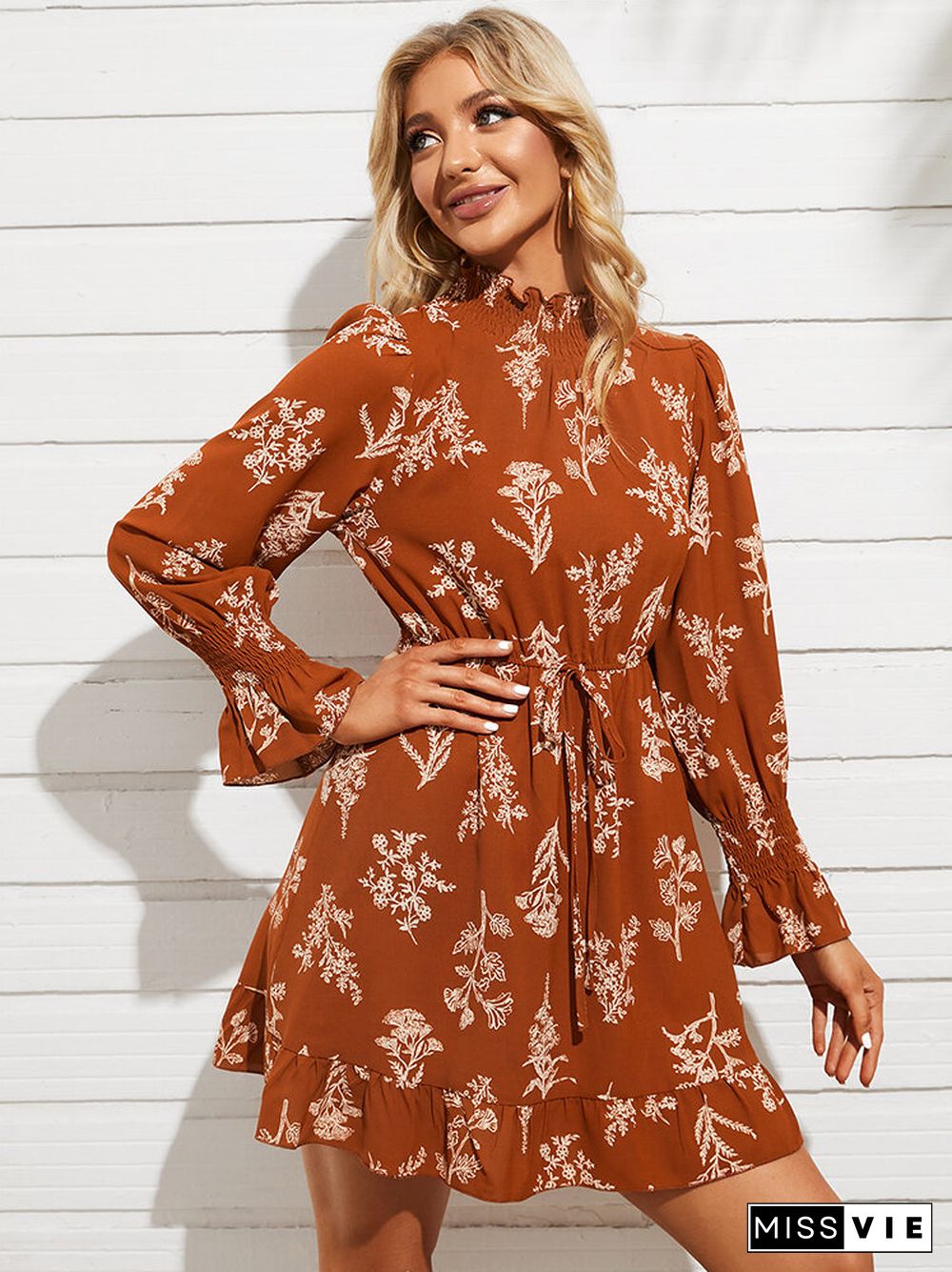 Plants Print Shirred Mock Neck Tie Long Sleeve Dress