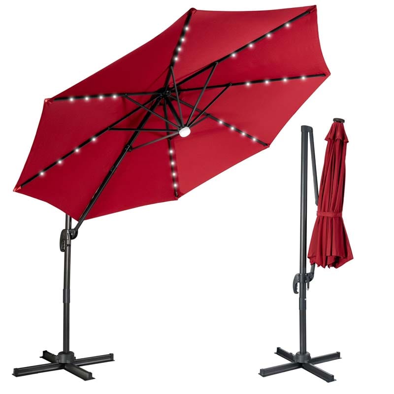 10 FT Cantilever Offset Patio Umbrella 28 Solar LED Lighted Market Umbrella with 3-Tilt Position, Crossed Base