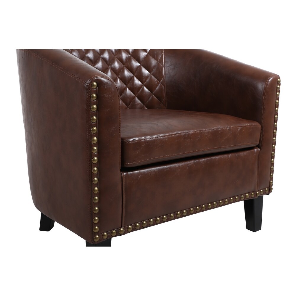 Accent Barrel Sofa Chair Pu Leather Chair with Nailheads and Solid Wood Legs Brown  for Living Room