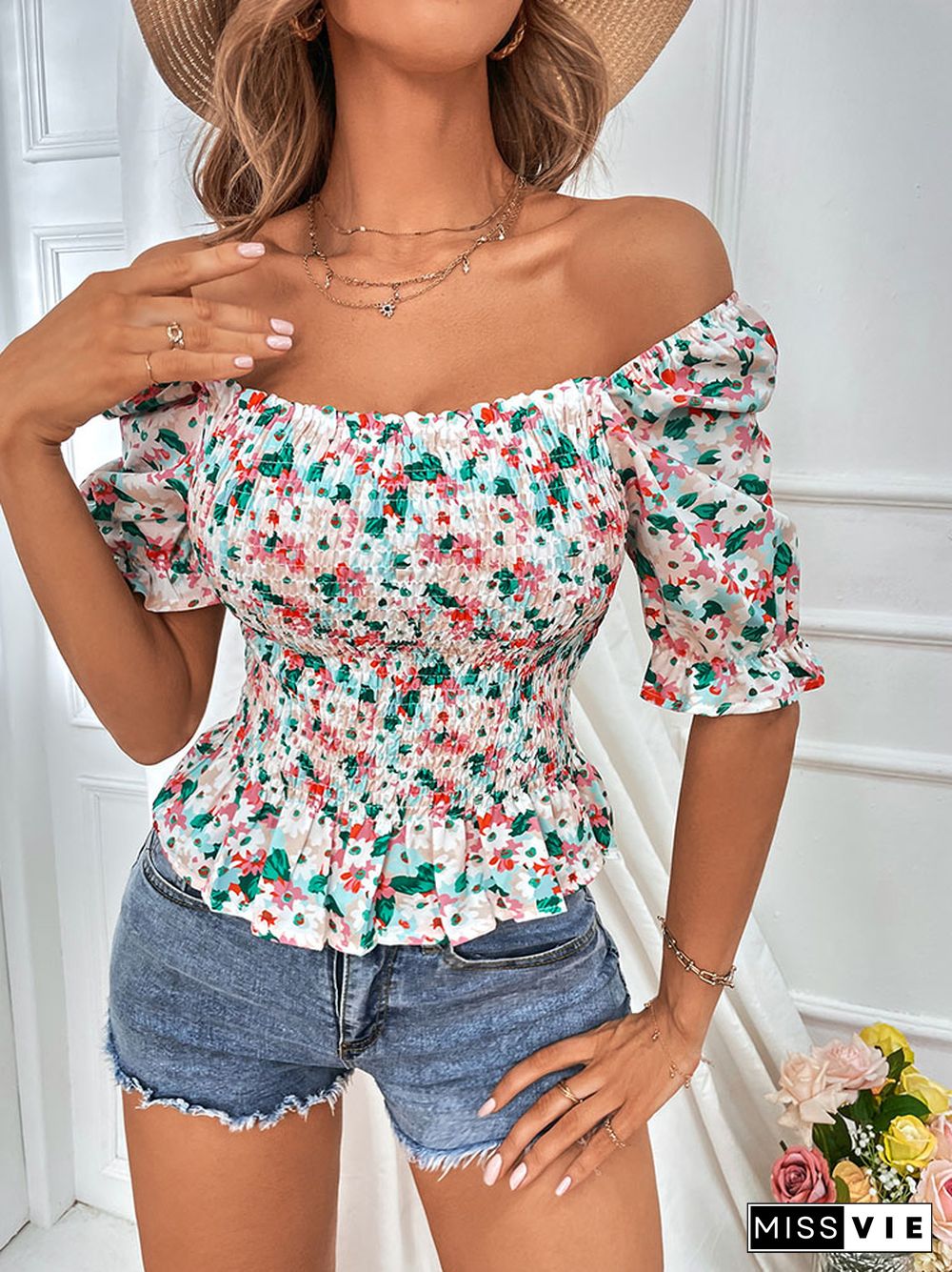 Women's Elegant Bodycon Blouses Top Summer Casual Print Square Neck Gathered Short Sleeve Floral Short Shirts Women Blouses