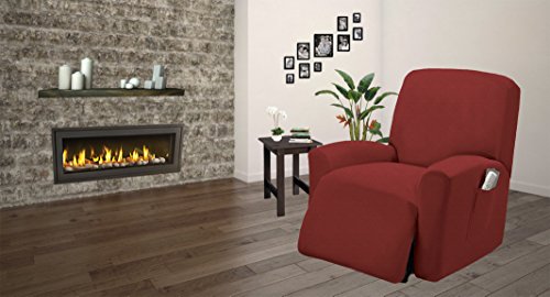 Golden Linens One piece Stretch Recliner Chair Furniture Slipcovers with Remote Pocket Fit most Recliner Chairs (Burgundy)