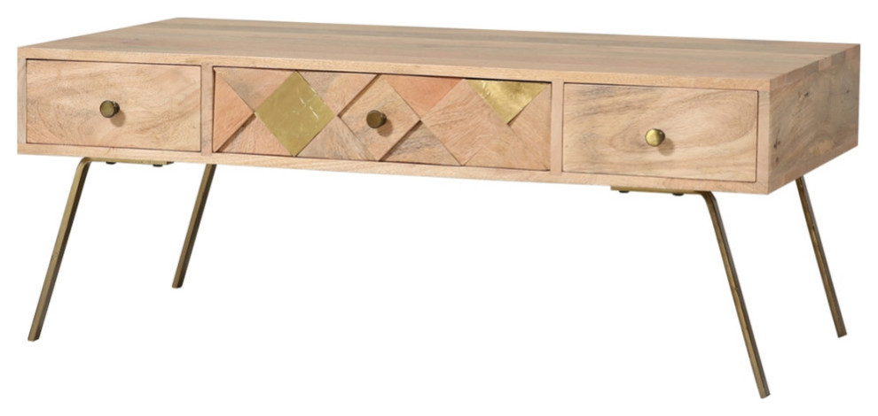 Cartago Farmhouse Style 3 Drawers Brass Inlay Coffee Table   Rustic   Coffee Tables   by Sierra Living Concepts Inc  Houzz