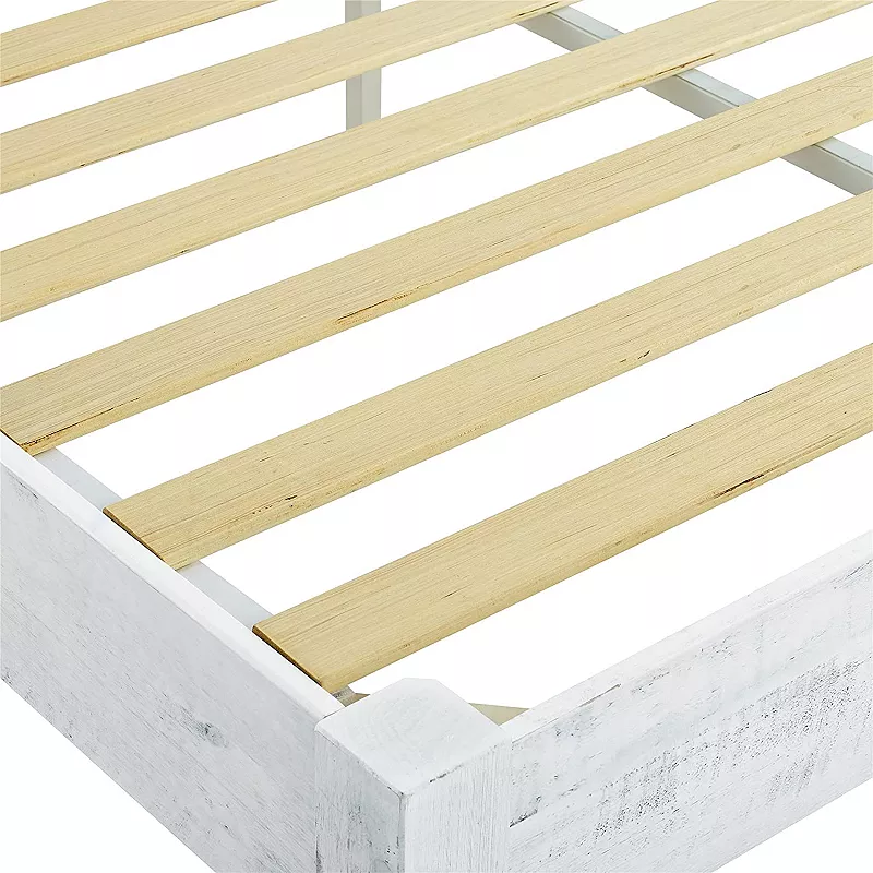 MUSEHOMEINC Solid Pine Wood 12 Slat Platform Rustic Bed Frame， Whitewashed， Full