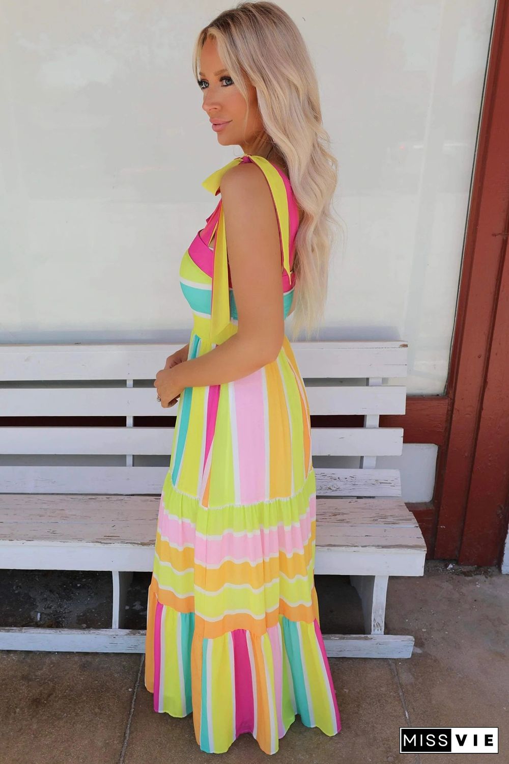 Yellow Color Block Striped Bow Knot Straps Maxi Dress