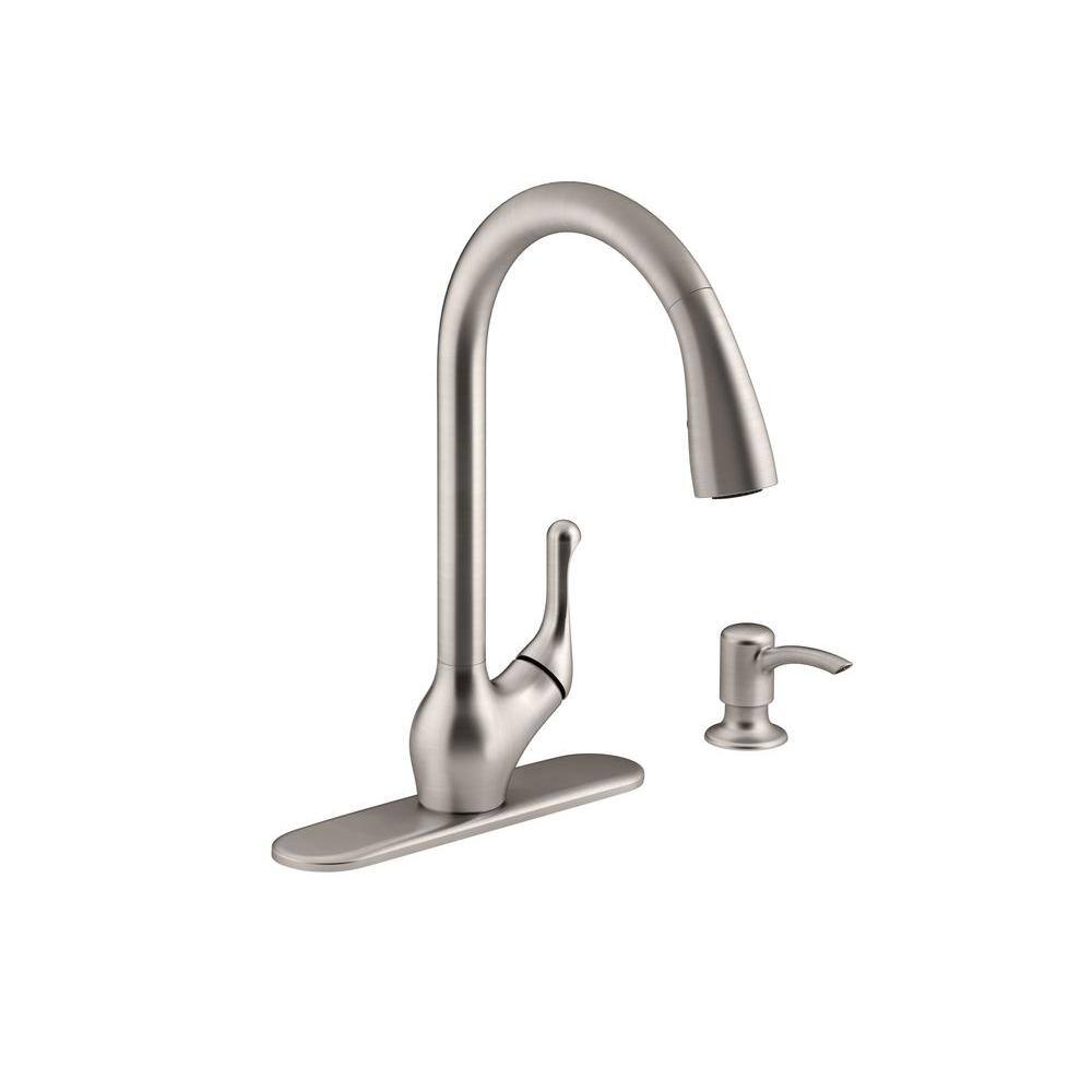 KOHLER Barossa Single-Handle Pull-Down Sprayer Kitchen Faucet with SoapLotion Dispenser in Vibrant Stainless K-R776-SD-VS