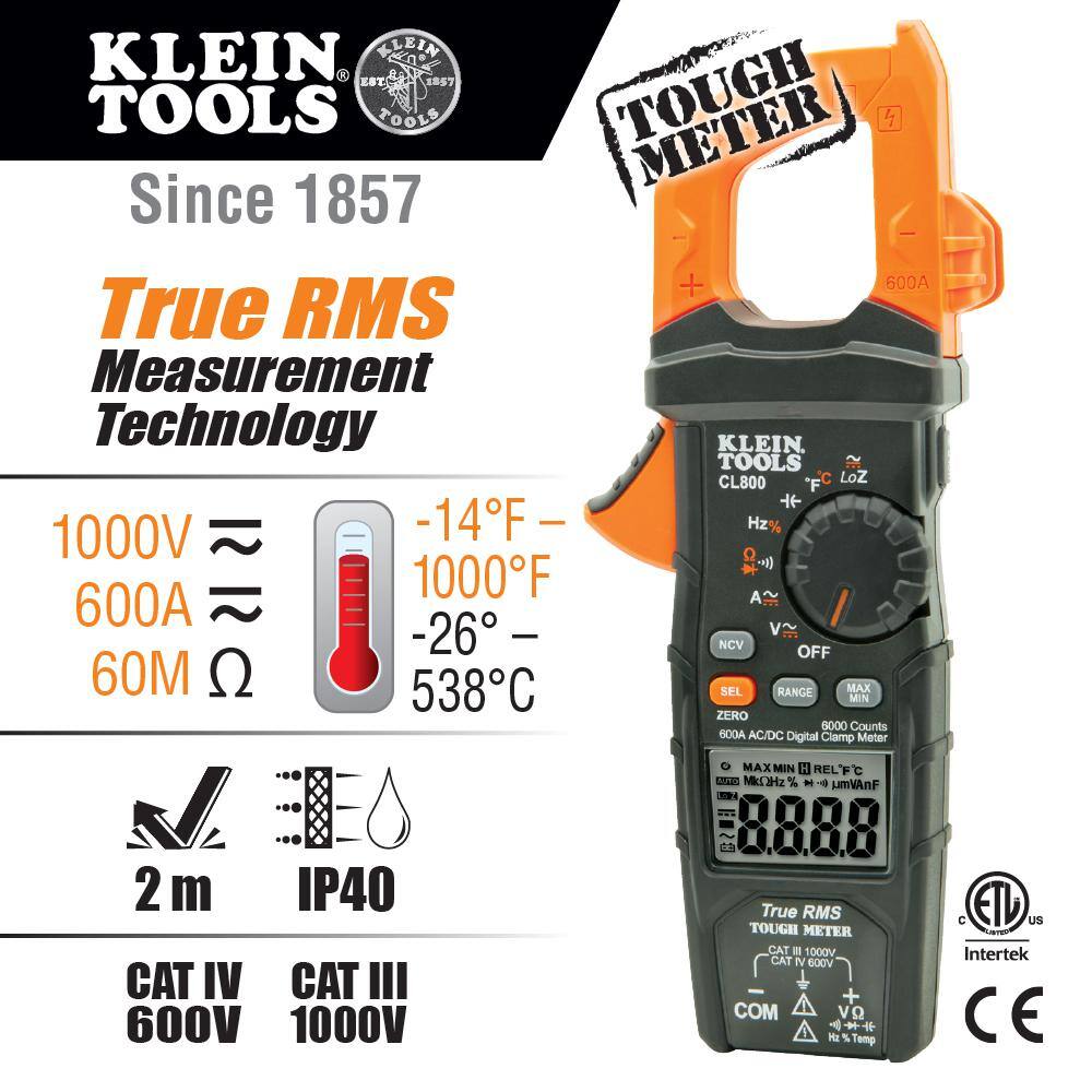 Klein Tools 600 Amp ACDC True RMS Auto-Ranging Digital Clamp Meter with Magnetic Hanger M2O41530KIT