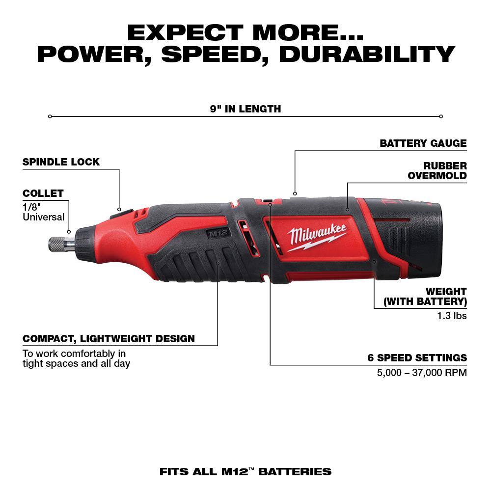 MW M12 FUEL 12V Lithium-Ion Brushless Cordless 4-in-1 Installation 38 in. Drill Driver Kit with M12 Rotary Tool 2505-22-2460-20