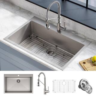 KRAUS Loften Stainless Steel 33in. Single Bowl Drop-in  Undermount Kitchen Sink with Stainless Steel Pull Down Faucet KCA-1102