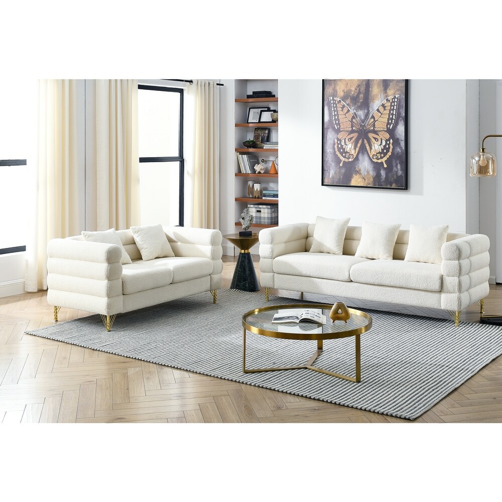 Ivory Teddy Upholstered Sofa Set with Pillows  3 Seater + Loveseat