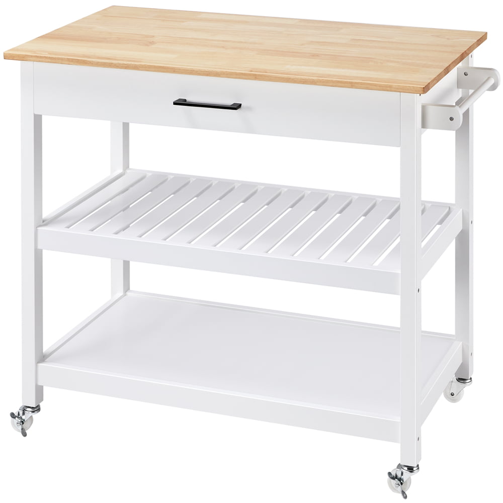 Topeakmart Kitchen Island Cart Wheels with Storage and Drawer Solid Wood Countertop White