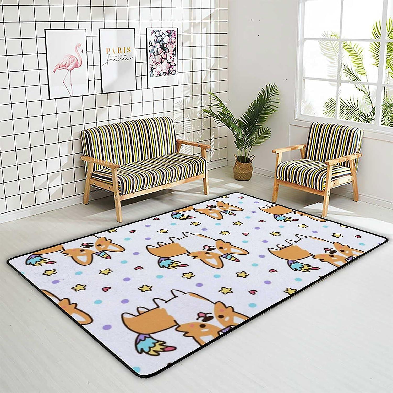 Soft Area Rugs Cartoon Corgis Pattern Floor Carpet Mat For Kids Playing Room Hardwood Floor Living Room 63x48in