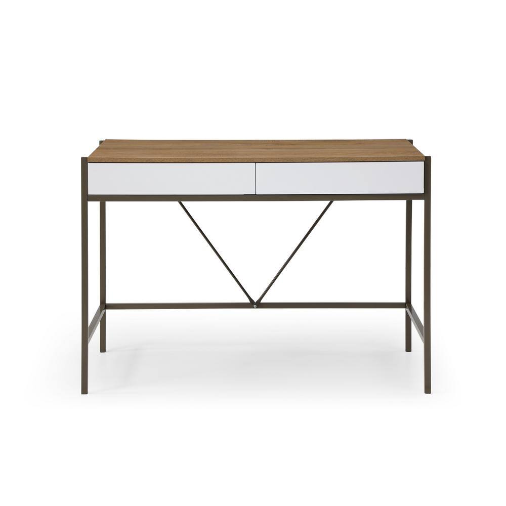 Loft Lyfe Marisa 21.7 in. Wide Rectangular NaturalBronze Wooden 2-Drawers Writing Desk with Steel Legs LDK338-09BZ-HD