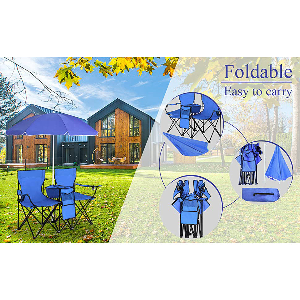 Lowestbest 2Pcs Outdoor Folding Chair， 2-Seat Portable Camping Chair with Sun Umbrella Cooler Bag， Blue