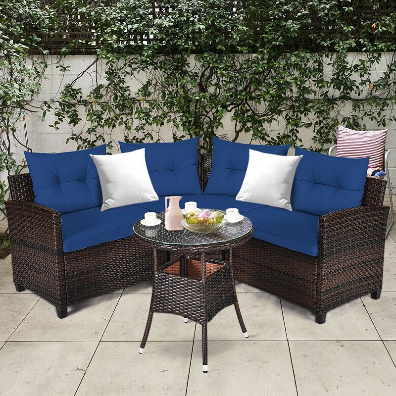 4 Pieces Outdoor Patio Cushioned Rattan Furniture Set