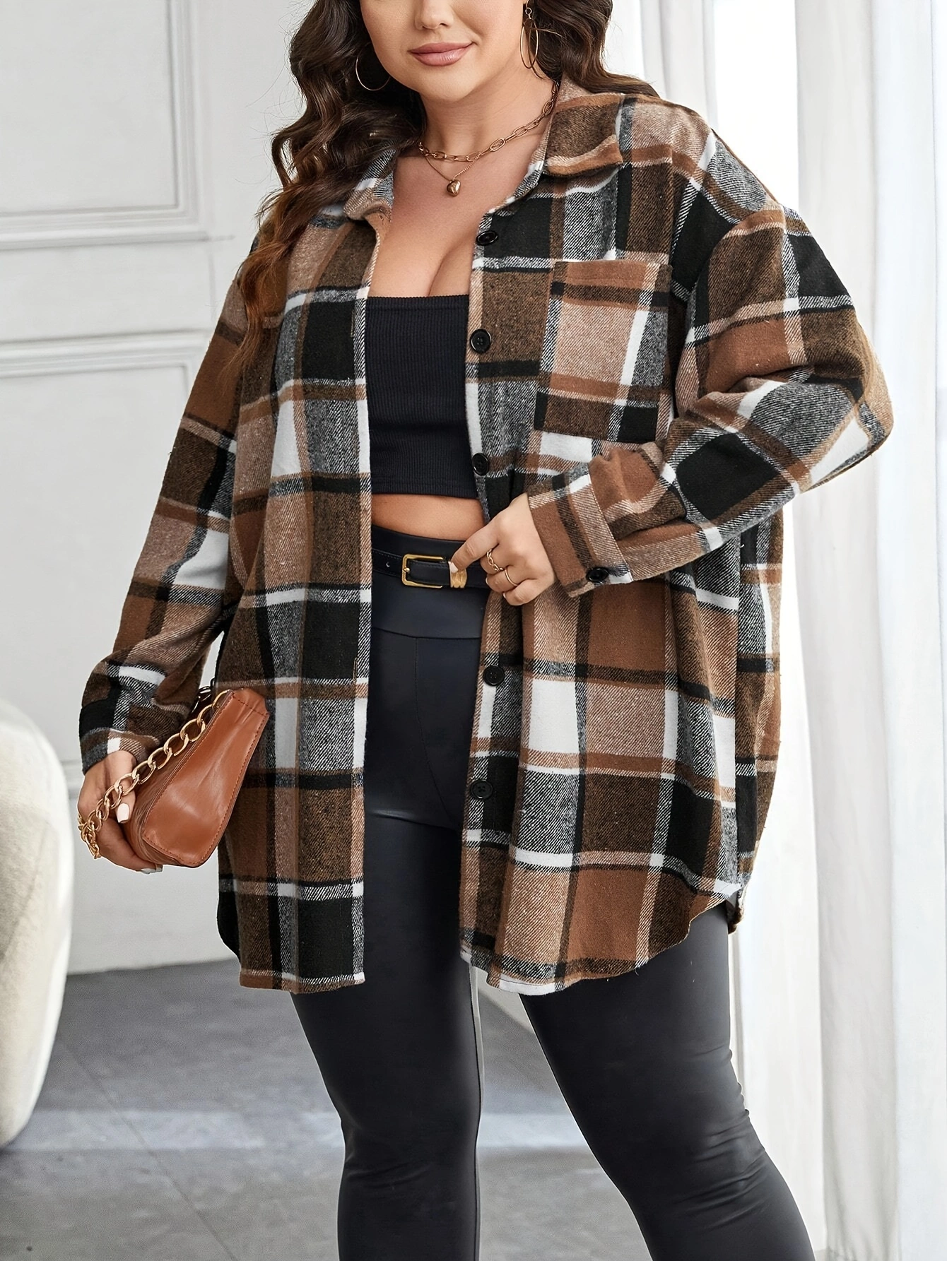 Elegant Plus Size Plaid Blouse with Lapel Collar, Button Details, and Pockets - 100% Polyester Non-Stretch Woven Fabric for Fall