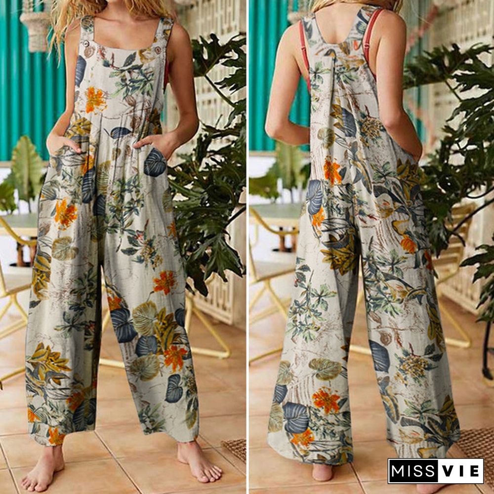 VONDA Women Floral Print Wide Leg Bib Overalls Long Trousers Summer Sleeveless Cotton Jumpsuits Rompers Plus Size Pantalon femme