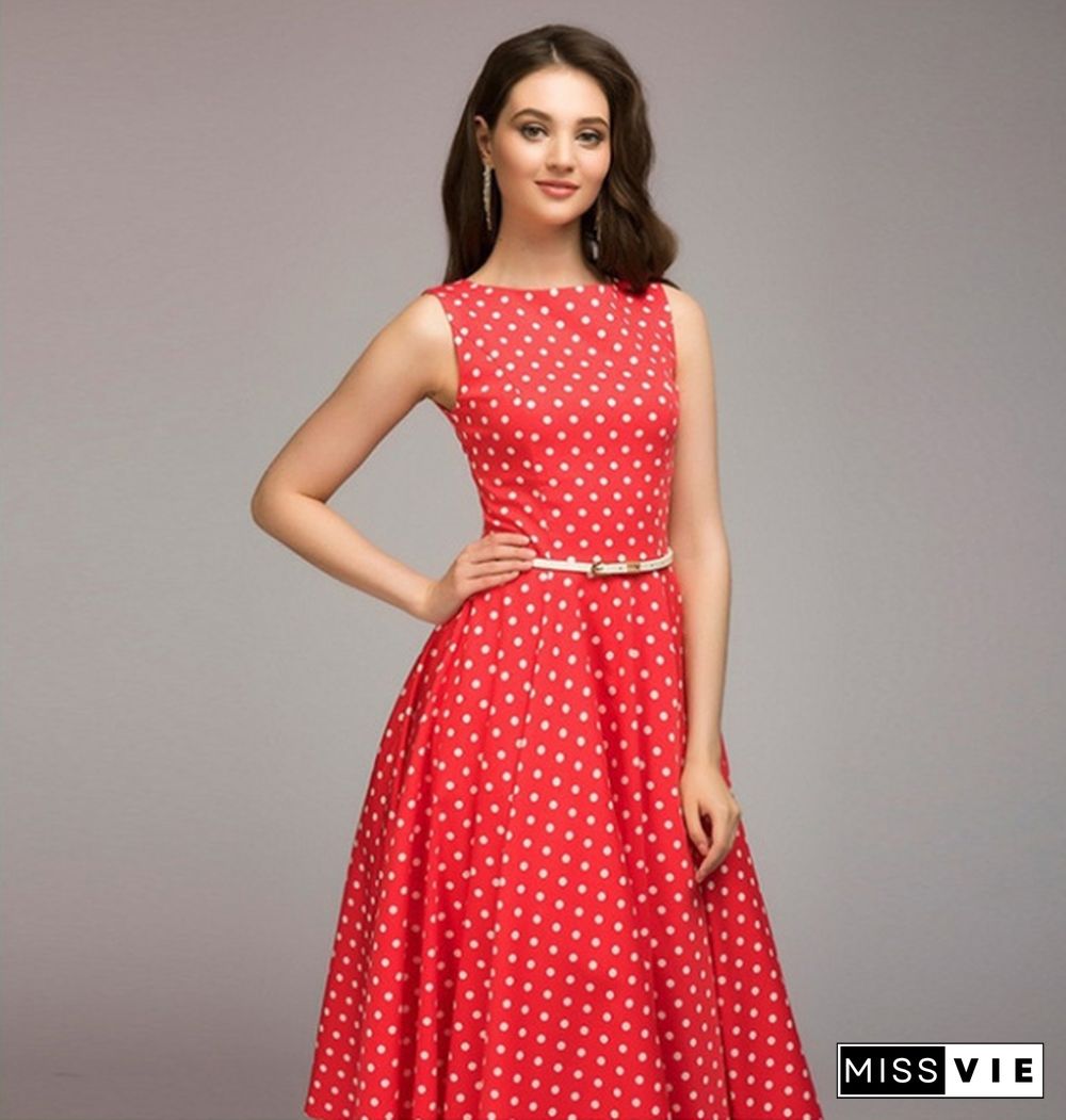 Vintage Polka Dot Swing Party Dresses Women Sleeveless O-neck Elegant Dress Casual Boho Midi Dress