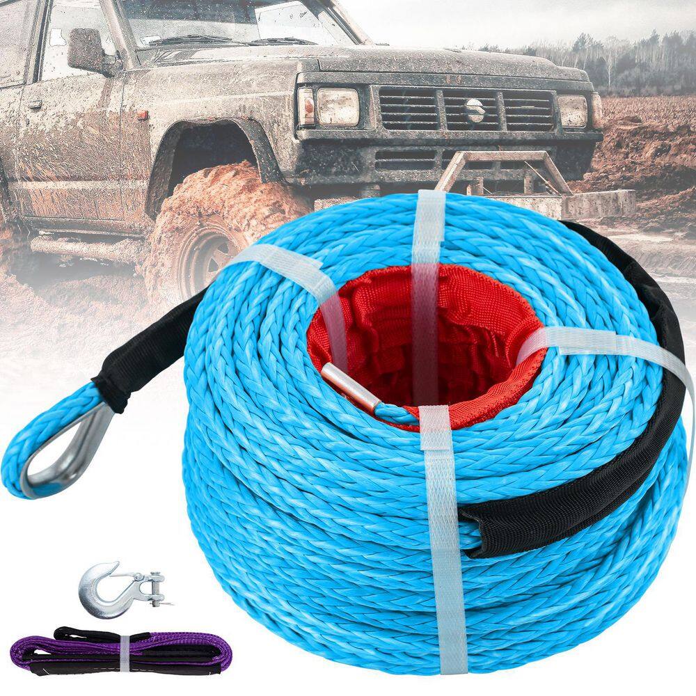 VEVOR Blue Synthetic Winch Rope 100 ft. x 38 in. Winch Line Cable with G70 Hook 18740 lbs. 12 Strands with Protective Sleeve JPS9.530MJPSBL001V0